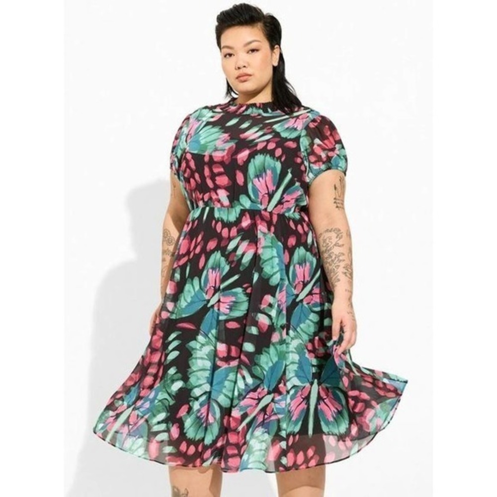 torrid Black Floral Midi Dress with Teal and Pink Botanicals